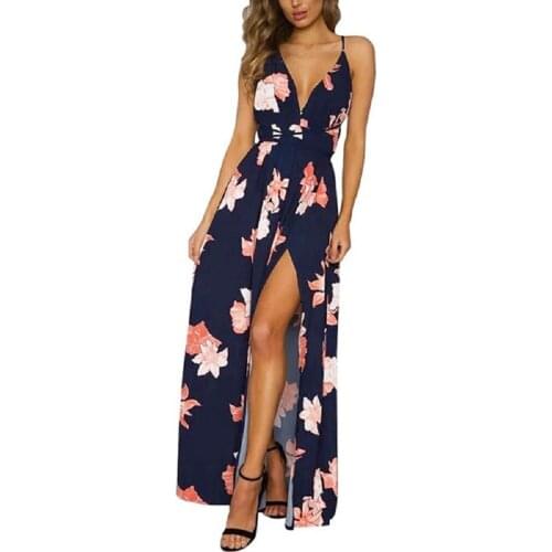 2020 Summer Backless Sexy Beanch Women Long Dress Slit Spaghtti Strap Holiday Elegant Maxi Floral Print V-neck Casual Dresses