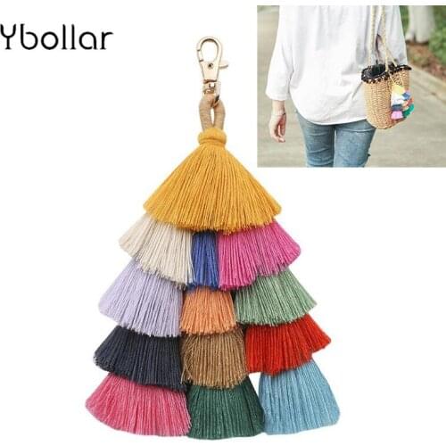 1pc Long Layered Cotton Tassels Key Chain For Women Bag Car Girls Handbag Hanging Pendant Charms Key Ring Bohemian Jewelry Gift