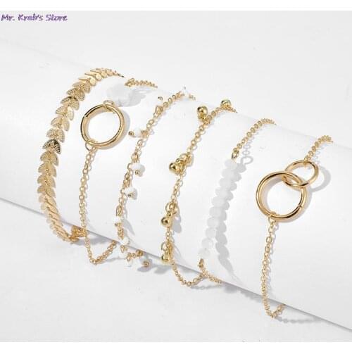 6Pcs Bohemian Bracelets Set For Women Leaf Flower Beads Chains Bangle Boho Jewelry Gift