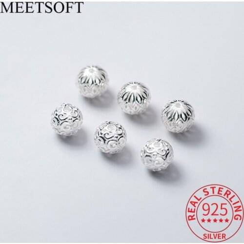 MEETSOFT 925 Sterling Silver Hollow Craft Ball Beads Original Retro Fancy Loose Beads DIY Necklace Jewelry Accessories