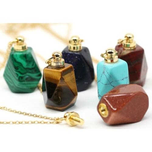 Natural Perfume Bottle Crystal Stone Pendant Necklace Agates Malachite Essential Oil Diffuser Charm Copper Chain Jewelry Gift