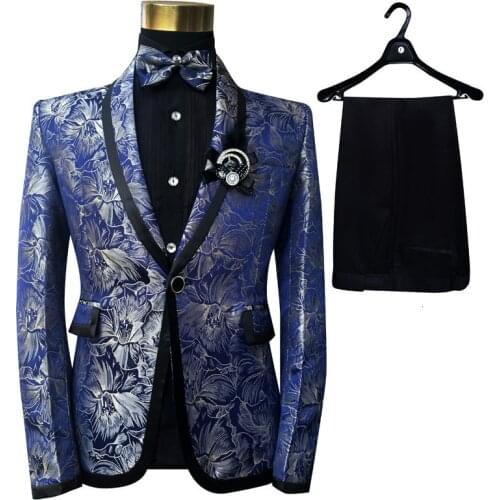 Floral Men Shawl Lapel 3 Piece Set Suit Blue Flower Pattern Jacquard Wedding Groom Singers Performance Mens Blazer Costume Homme