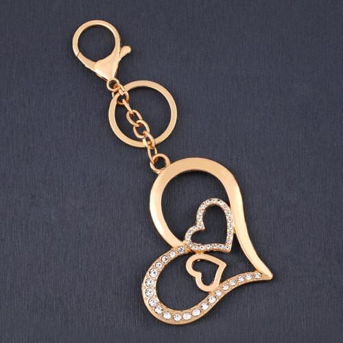 FLOLA Gold Big Double Heart Keychain Accessories Rhinestone Key Rings Bag Car Pendant DIY Wholesale Jewelry Women Gifts kcha11