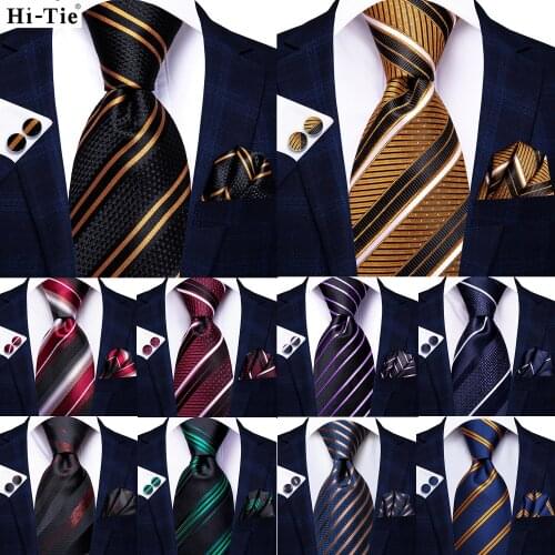 Hi-Tie Black Gold Striped Silk Wedding Tie For Men Fashion Design Gift Mens Tie Hanky Cufflink Set Business Party Dropshipping