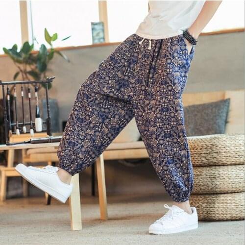 Chinese style summer new Men thin section breathable cotton and linen casual plus size harem pants lantern nine points pants