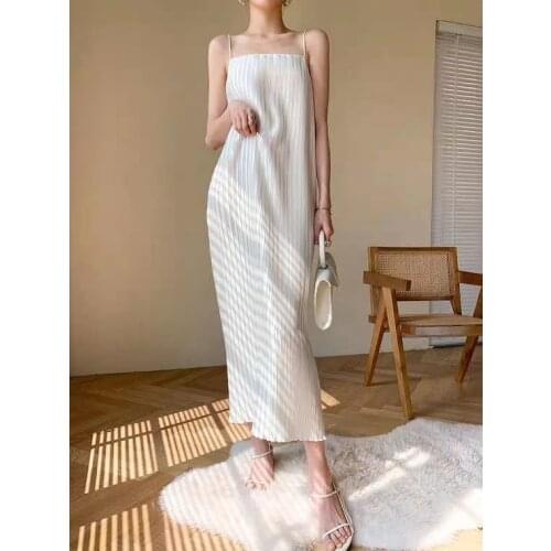 HOT SELLING Miyake sleeveless fold stitching cultivate solid Sling dress IN STOCK