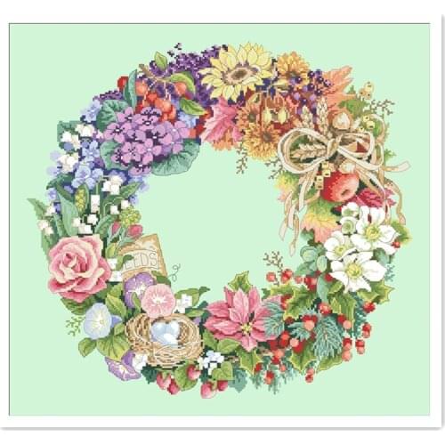Wreath of all seasons cross stitch package 14ct light green canvas fabric cotton thread embroidery DIY handmade needlework