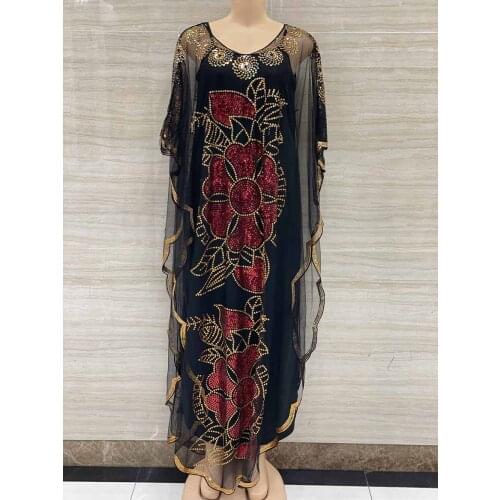New Style African Womens Clothing Dashiki Abaya Fashion Gauze Fabric Sequins Bat Sleeve Loose Dress Free Size Single Piece