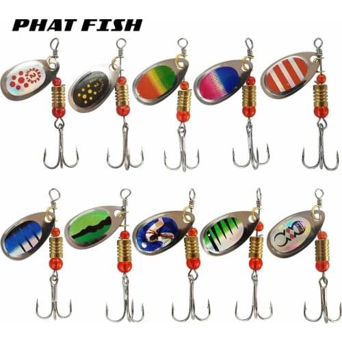 PHAT FISH 10pcs/pack 55mm 3.6g Laser Plating Copper Blade Metal Swimbait In-Line Spinners Freshwater Bass Fishing Lures