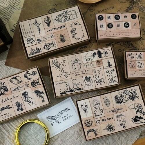 XINAHER 1set Vintage plant whale planet stamp DIY wooden rubber stamps for scrapbooking stationery scrapbooking standard stamp