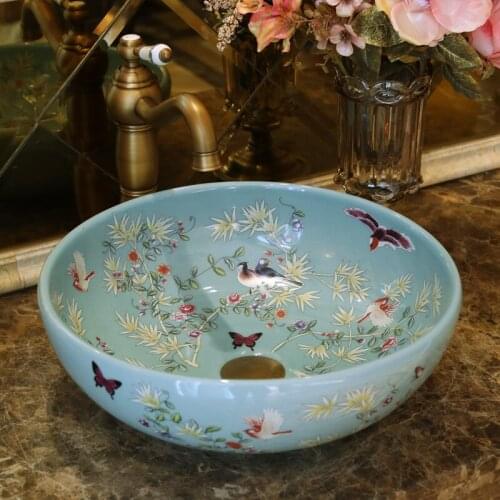 Blue Handmade Porcelain Sink Birds&Flowers Countertop Ceramic wash basin Bathroom Sink
