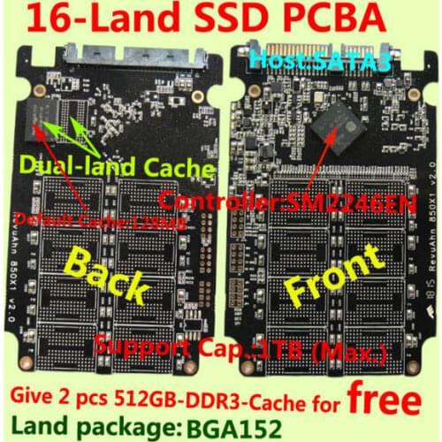 SM2246EN 16-land SSD PCBA, DIY SSD PCBA, 2-pc DDR3 DRAM for free, BGA152/BGA132, SATA3 SM2246EN Controller,1G DRAM to 1T CAP