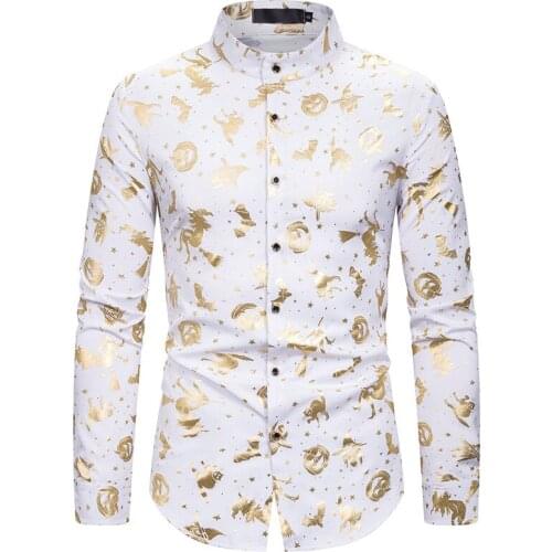 Stylish Pumpkin Print Social Shirt Men 2020 Autumn New Bronzing Slim Fit Long Sleeve Chemise Homme Casual Business Shirt For Men