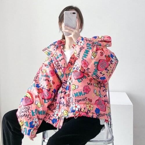 Women Cute Graffiti Pink Puffer Jacket Winter Warm Bubble Coats Korean Chic Streetwear Down Jacket Women Clothing Winter Coat