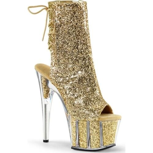 Ladies ankle boots shine 15 cm high heels stripper platform shoes with clear heels and zip strap ankle boots