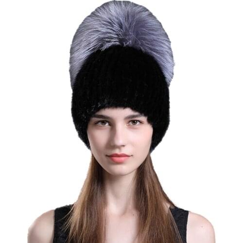 Real Mink Fur Hats Women Winter Warm Caps With Big Fox Fur Ball Skullies Beanie Handmade Fluffy Soft