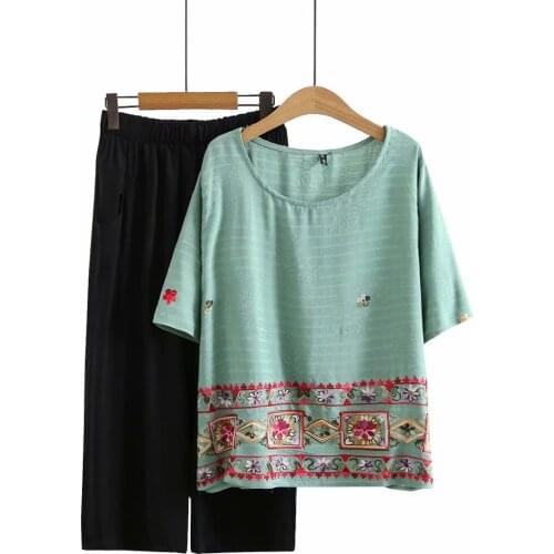 Plus size red pink short sleeve O-Neck Embroidery tshirts & black calf-leng pants women sets 2021 summer ladies 2 pieces female