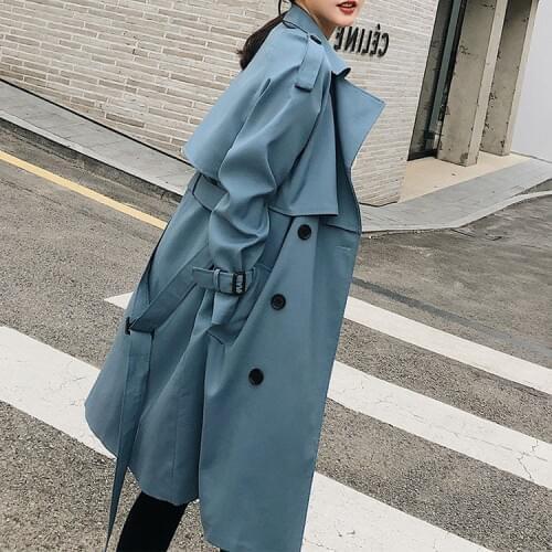 2021 Spring Autumn Female New Casual Belt Trench Coats Loose Long Sleeve Overcoat Ladies Double Breasted Outerwear FY10