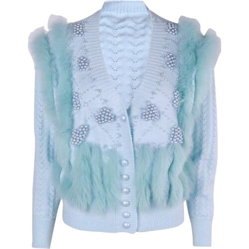 YOLOAgain 2021 New Design Ladies Sweet Cute Sweater Women V-Neck Beading Cardigan With Fox Fur