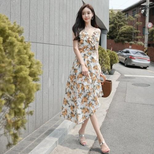 2020 Summer Spaghetti Strap V Neck Sexy Asymmetrical Dress Women Streetwear Print Floral Dress High-end Ruffles Vacation Dress