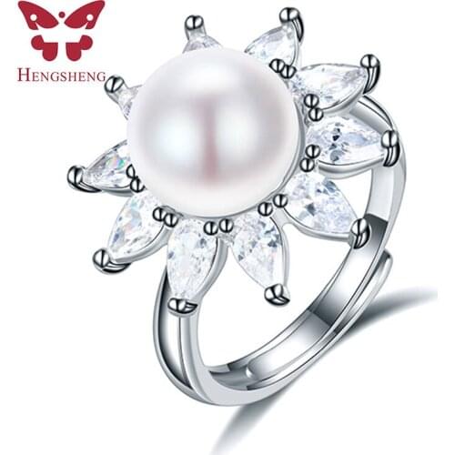 Ten petals crystal flower AAAA natural freshwater pearl ring for women gift, 925 sterling silver women adjustable jewelry ring