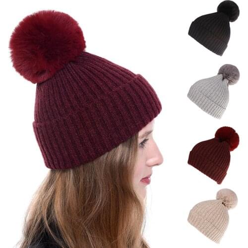 Winter Hat Fur Pompom Hats For Women Beanie Solid Color Kintted Warm Cap Lady Girls Detachable Hair Ball Skuilles Beanies