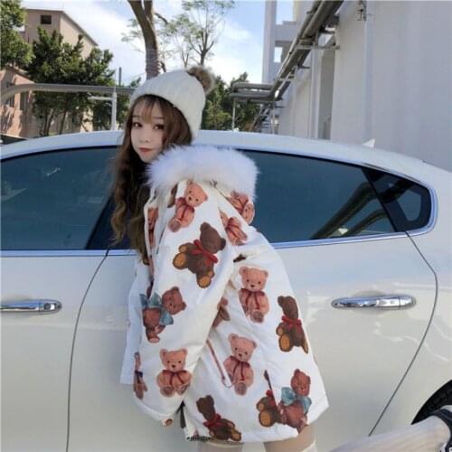 Winter Padded Jacket Student Kawaii Soft Girl Cute Hooded Loose Bear Print Cotton Jacket Winter Jacket Women Winter Coat Parkas