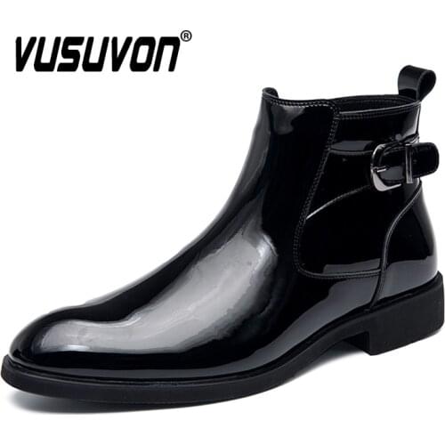 Leather Men Ankle Boots High Quality Brand Patent Leather Casual Shoes Fashion Black Solid Big Size Men Boots 37-45