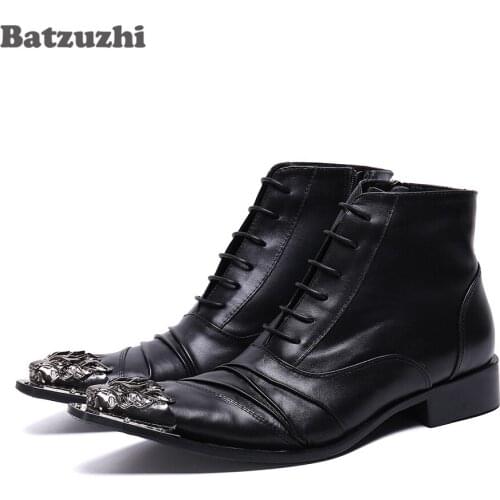 Batzuzhi British Type Men Boots Pointed Iron Toe Black Genuine Leather Boots Ankle Lace-up Business Shoes Boots botas hombre