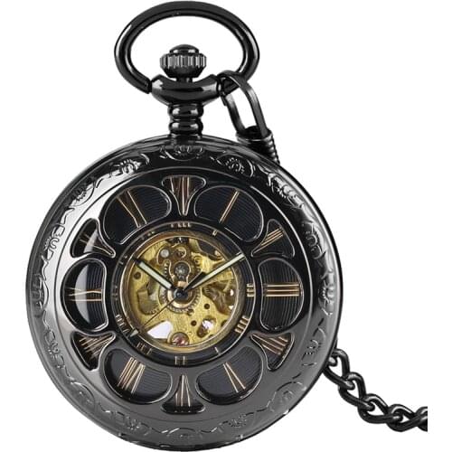 Retro Black Hollow Flower Cover Pocket Watch Mechanical Handwinding Clock Roman Numeral Dial with Pendant Chain for Men Women