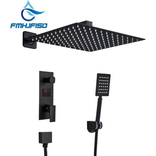 Black 8/10/1/16 Inch Bathroom Shower Faucets Wall Mounted Rainfall Shower Head Dual Mixer Valve Bath Shower Set