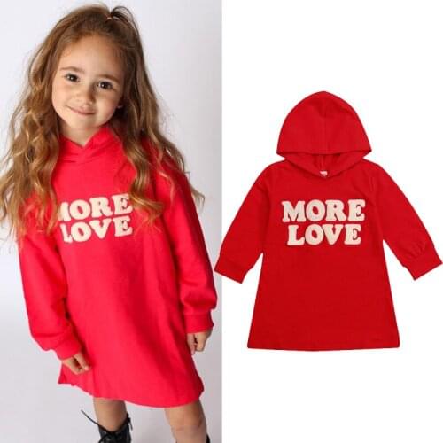 FOCUSNORM 2-7Y Kids Girls Autumn Casual Dress Letters Embroidery Hooded Long Sleeves Pullover A-Line Dress