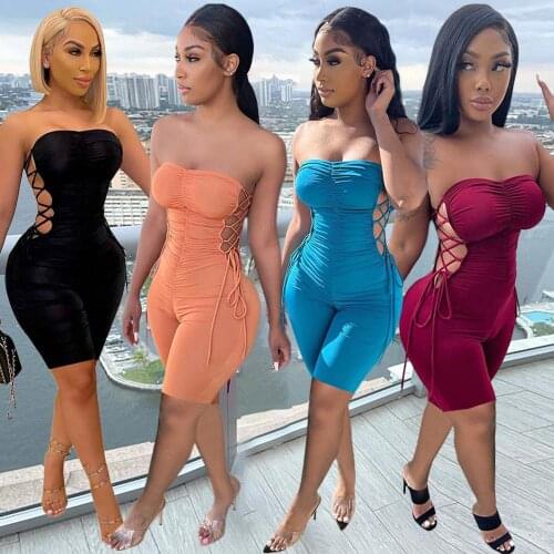 Echoine Sexy Bodycon Strapless Pleated Drawsting Playsuit Side Lace Up Hollow Out Skinny Romper Summer Sleeleveless Bodysuit New