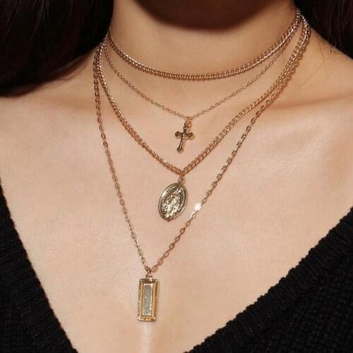 F.J4Z Virgin Mary Statement Long Chain Costume Necklaces Hot Stylish Multi Layers Cross Goddess Series Pendant Necklace