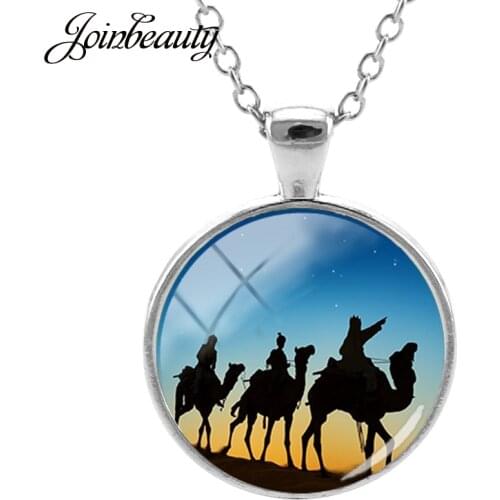 JOINBEAUTY Desert Camel Night Sky Star Three Kings Pattern Necklace Glass Cabochon Dome Pendant Fashion Accessories Jewelry TK02