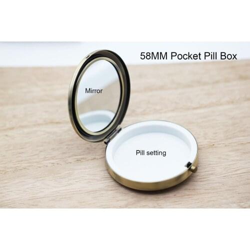 1pcs Round 58MM Blank Pocket Pill Boxes Container With Mirror Pill Case Gold/Silver/Bronze For Medicines Storage/Damp Proof Pill