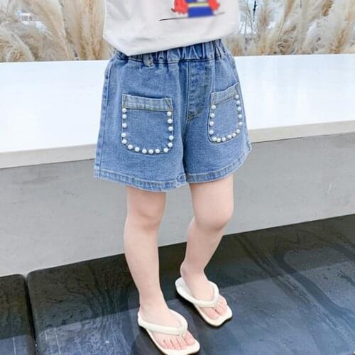 Summer Girls' Shorts Thin Loose Jeans Beaded Elastic Waist Outer Wear Elastic Waist Casual Clothes