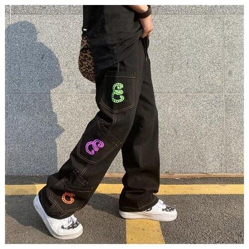OnlyUU Pants multi-pocket letter printing men and women street personality wild straight loose hip-hop overalls