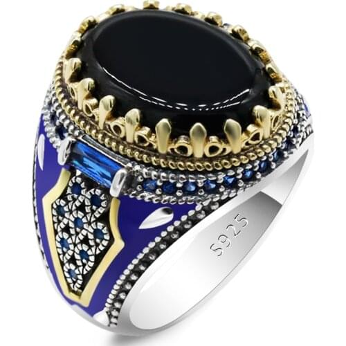 Genuine 925 Sterling Silver Men Ring with Black Agate Stone Blue Enamel Male Crown Rings Vintage Turkish Handmade Jewelry Gift