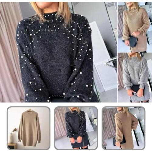 Autumn Winter Sweet Faux Pearl Decor Knitted Pullover Dress Thicken Mini Sweater Dress Loose Fit for Work