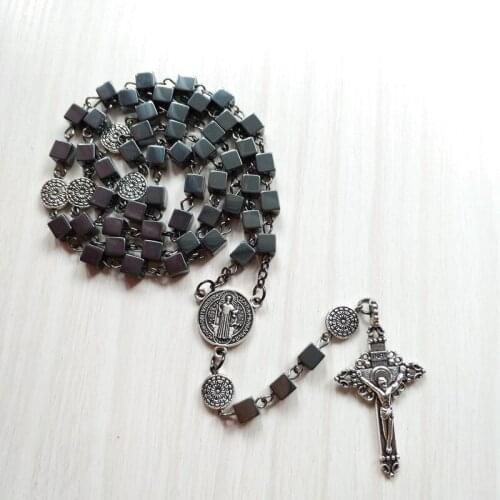 QIGO Hematite Cross Rosary Necklace Geometric Square Beaded Necklace Long Religious Prayer Jewelry