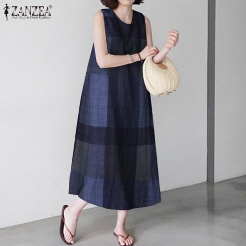 ZANZEA Retro Plaid Women Dresses 2021 Summer Sleeveless Midi Vestidos Casual O-neck Tank Long Sundress Female Robe Oversize