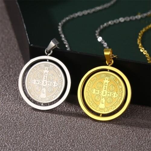 Religious San Benito Medal Pendant Rotatable Stainless Steel St. Benedict Memorial Necklaces Pendants Vintage Catholic Jewelry