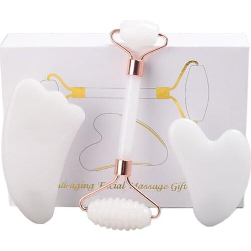 Rose Gold Sawtooth Face Roller Gua Sha Tool Massage Set Natural Jade Acupuncture Scraping Body Healing White Stone Massager Care