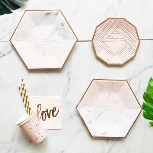 Rose Gold Marble Disposable Paper Plate Set Paper Plate Paper Cup Straw Birthday Party Festival Celebration