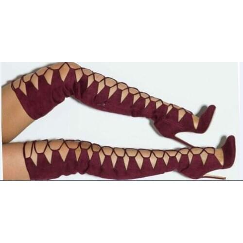 Summer newest women boots cutouts cross-tied pointed toe super high thin heels over the knee ladies thigh high shoes green