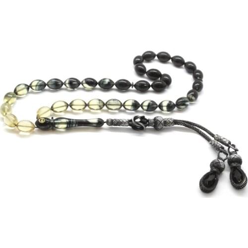 Tesbihane 1000 Sterling Silver Kazaz Tassels Barley Cut Filtering Black Fire Amber Prayer Beads