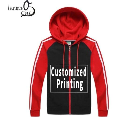 Lanmaocat Men Women Zip Striped Sleeve Sweatshirts Long Sleeve Hoody Custom Logo Zipper Hoodie Printing Free Plus Size Shipping
