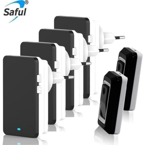 Saful Waterproof Doorbell Wireless 28 Ringtones Doorbell Button 2 Out Transmitters + 4 Doorbells Receiver EU/US/UK/AU Plug