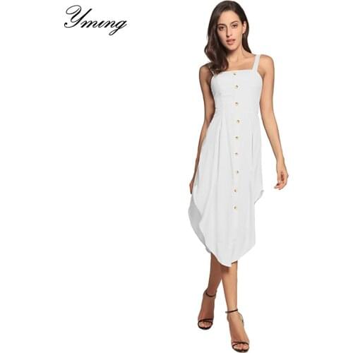 YMING Ms. Sleeveless Off-the-shoulder Vestidos Button Sling Dress Ruffled Dresses Solid Color Paneled Dress Temporary Commuting